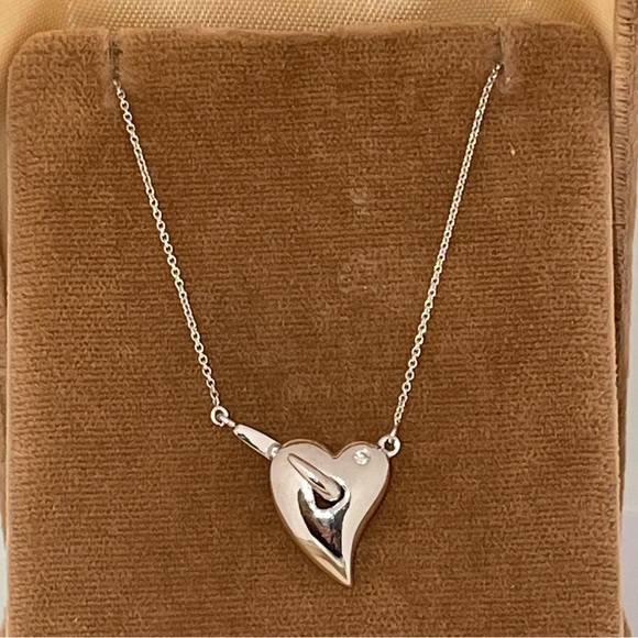 Solid 14K White Gold Hook Heart Hooked on Love Natural Diamond Necklace - Picture 6 of 15